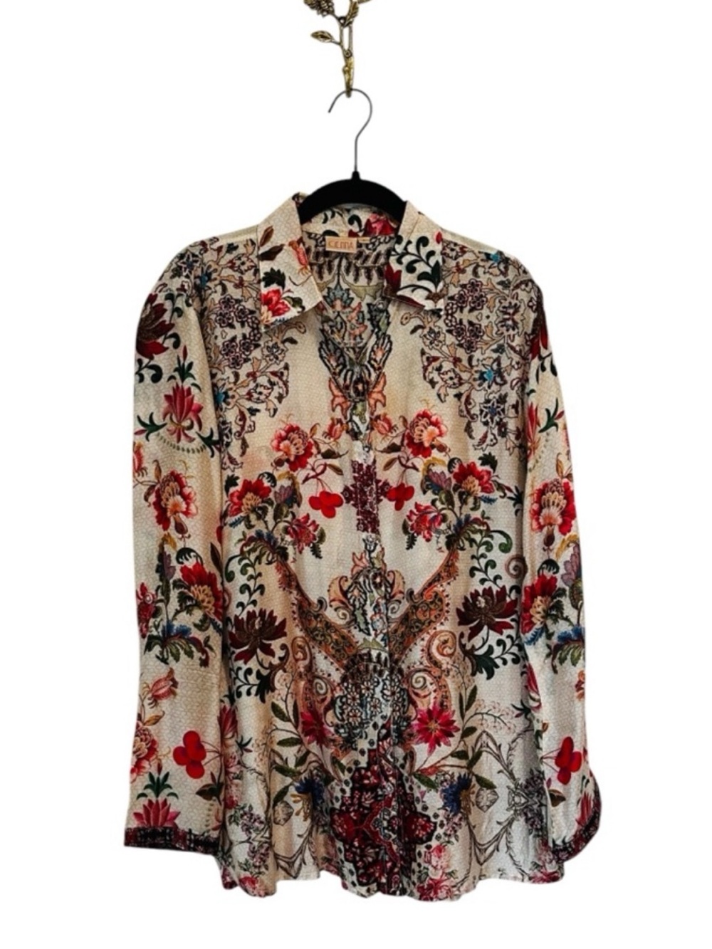 CIENNA Silk Button Up Blouse Floral Cherry Print Preppy Summer Office